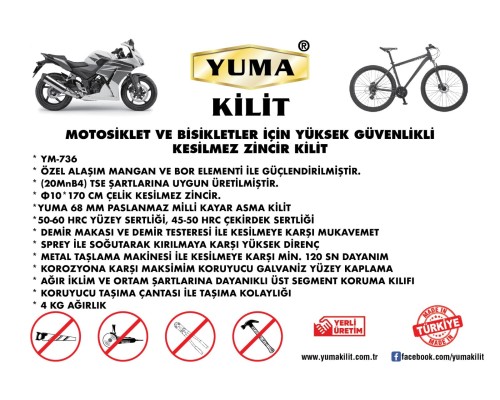 Yuma Kesilmez Motorsiklet Güvenlik Zincir Kilidi 10 mm 170 cm