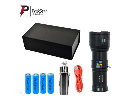 PeakStar PS-2003 Ultra Parlak Su Geçirmez Zoomlu Güçlü 200w 30000 Lümen Şarjlı Bekçi Avcı Kamp El Feneri