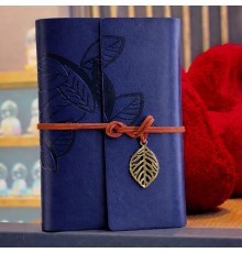 Lacivert Deri Yaprak Desenli Defter