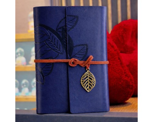 Lacivert Deri Yaprak Desenli Defter