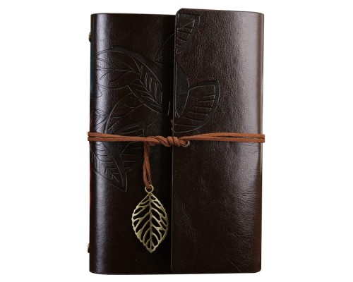 Büyük Yaprak Desenli Deri Defter Koyu Kahverengi