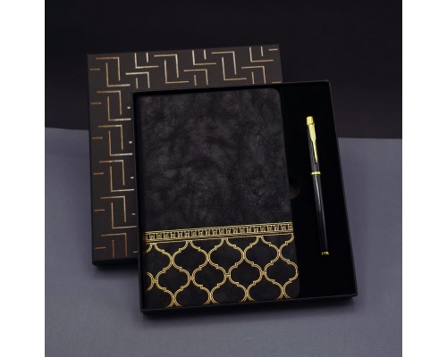 Gold Desen Siyah Deri Defter Kalem Set