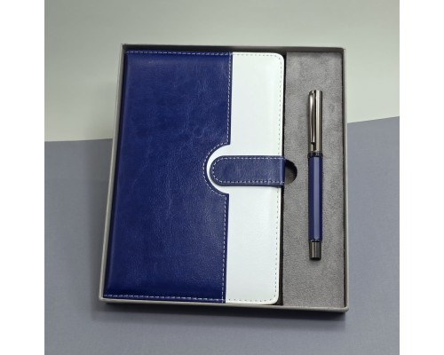 Mavi Beyaz Deri Kapaklı Defter Ve Metal Kalem Set