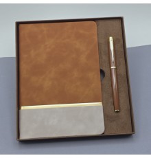 Toptan Kutulu Altın Şeritli Deri Defter Ve Kahverengi Metal Roller Kalem Set
