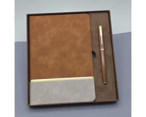 Toptan Kutulu Altın Şeritli Deri Defter Ve Kahverengi Metal Roller Kalem Set