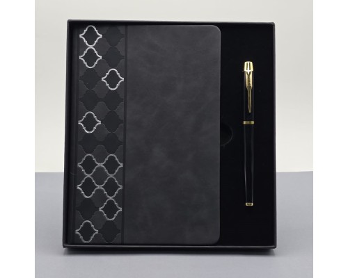 Desenli Siyah Deri Defter Kalem Set