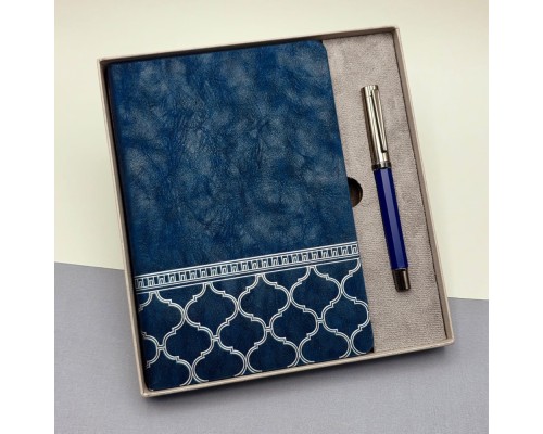 Kutulu Desenli Deri Defter Ve Metal Roller Kalem Set