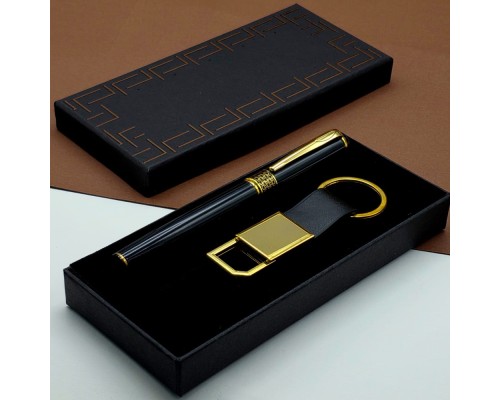 Hediyelik Siyah Kalem Ve Gold Deri Anahtarlık Kutulu Set