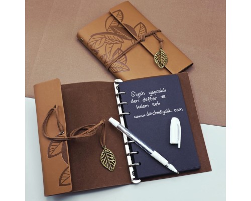 Siyah Yapraklı Deri Defter Ve Kalem Seti