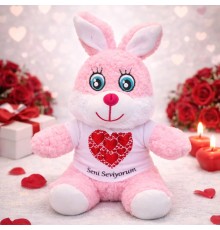 Pembe Renk Seni Seviyorum Tişörtlü Peluş Tavşan