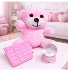 Pembe Peluş Ayıcık Kar Küresi Ve Pembe Çikolata Not Defteri