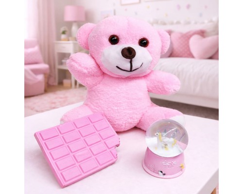 Pembe Peluş Ayıcık Kar Küresi Ve Pembe Çikolata Not Defteri