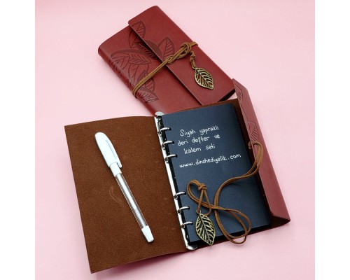 Kahverengi Siyah Yapraklı Deri Defter Ve Beyaz Jel Kalem Set
