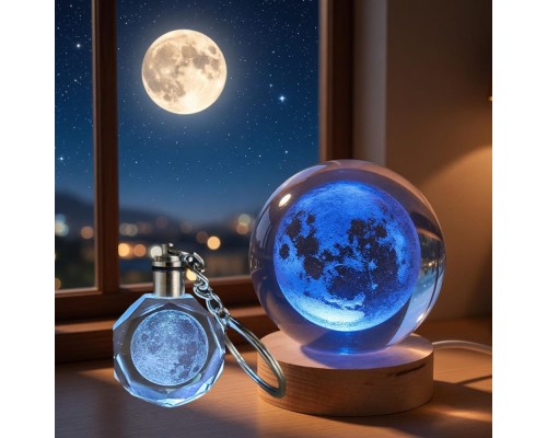 Toptan Dolunay Tasarımlı Renk Değiştiren Cam Küre Ve Anahtarlık Set