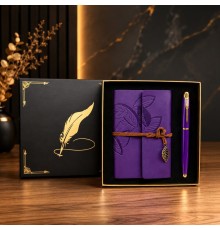 Toptan Mor Yaprak Desenli Deri Defter Ve Roller Metal Kalem