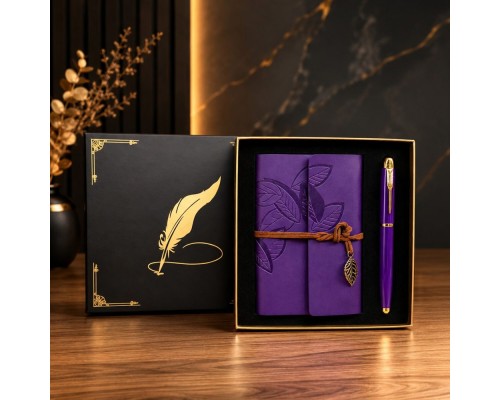 Toptan Mor Yaprak Desenli Deri Defter Ve Roller Metal Kalem