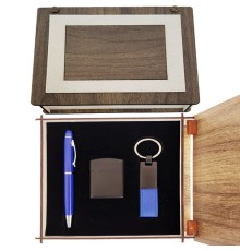 Özel Ahşap Kutulu Lacivert Kalem Anahtarlık ve Çakmak Set
