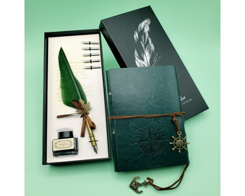 Deri Defter ve Tüylü Mürekkepli Kalem Seti