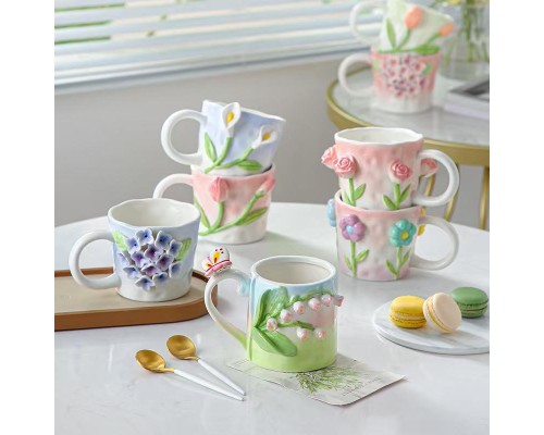 Kabartmalı Motifli Tasarım Çiçekler Seramik Kupa Bardak