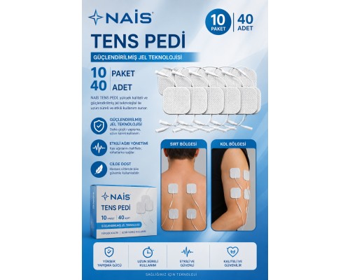 10 Paket, 40 Adet NAİS GOLD Tens Elektrod Pedi 5x5 cm Extra Güçlendirilmiş Yapışkanlı Kumaş, TENS Pedi Elektrot – Cilt Dostu Jel – Yüksek İletkenlik – TENS Cihazları ile Uyumlu