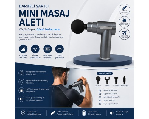 Darbeli Şarjlı Mini Masaj Aleti Type-C Şarjlı | 6 Kademeli | Sessiz | Sporcu Masaj Cihazı
