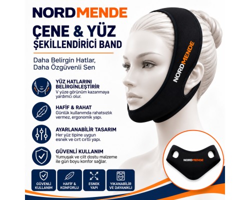 NORDMENDE Çene ve Yüz Şekillendirici Band - Ayarlanabilir V-Line Yüz Toparlayıcı Band - Cırt Cırtlı Esnek Yüz Bandı - Siyah