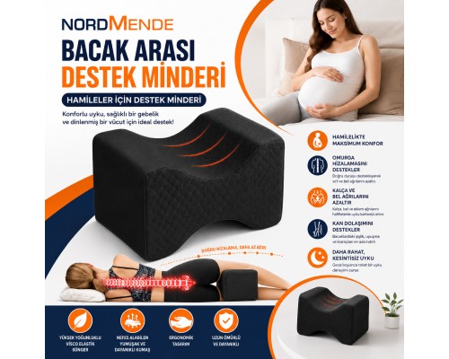 NordMende Ortopedik Bacak Arası Destek Yastığı Siyah Visco Sünger Diz Kalça Bel Uyku Yastığı Yıkanabilir Kılıflı