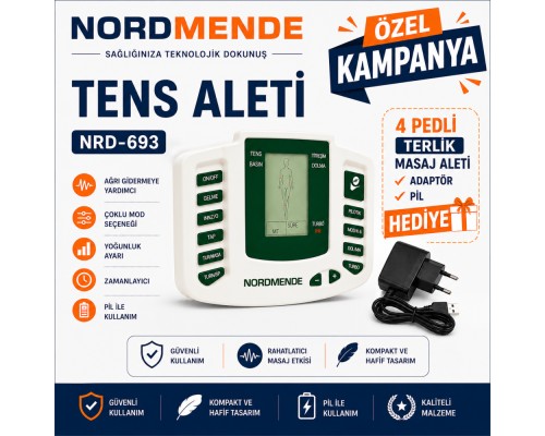 NORDMENDE TENS Cihazı 4 Pedli Dijital Masaj Cihazı | Adaptör 4 Ped ve Pil Hediyeli