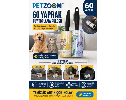 PETZOOM 60 Yaprak Tüy Toplama Rulosu Kedi Köpek Tüy Toplayıcı Ev Koltuk Araç Ofis Temizlik Rulosu