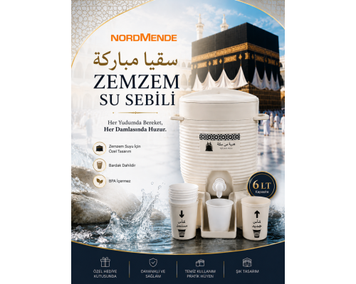 Nordmende Zemzem Su Sebili 6 LT | Kabe Temalı Zemzemlik | Bardaklıklı Hac Umre Hediyelik Sebil