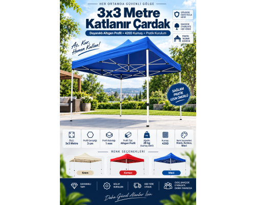 3x3 Metre Gazebo Tente - Su Geçirmez, UV Korumalı, Hızlı Kurulum, Dayanıklı Katlanabilir Çardak (Kare Profil)