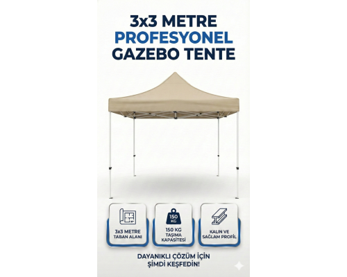 3x3 Metre Gazebo Tente - Su Geçirmez, UV Korumalı, Hızlı Kurulum, Dayanıklı Katlanabilir Çardak (Kare Profil)