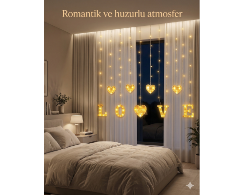 3 Metre Perde Led Işık - 8 Modlu Kalp ve LOVE Figürlü Dekoratif Animasyonlu Led