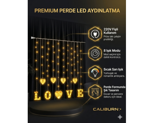 3 Metre Perde Led Işık - 8 Modlu Kalp ve LOVE Figürlü Dekoratif Animasyonlu Led