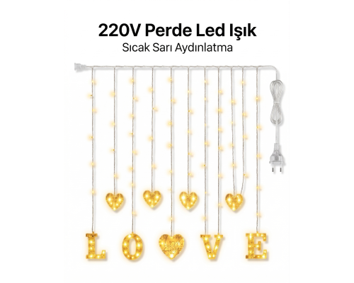 3 Metre Perde Led Işık - 8 Modlu Kalp ve LOVE Figürlü Dekoratif Animasyonlu Led