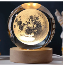 Dekoratif Dolunay Tasarımlı Ahşap Altlıklı Işıklı Cam Küre Büyük Boy 8cm