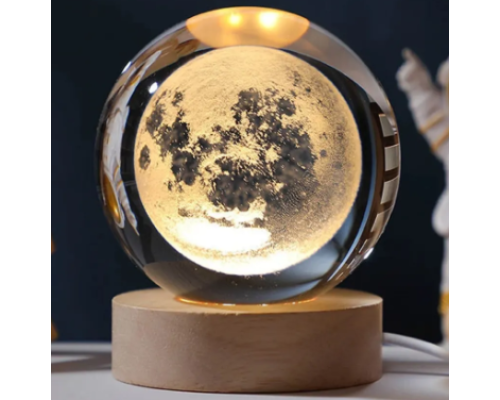 Dekoratif Dolunay Tasarımlı Ahşap Altlıklı Işıklı Cam Küre Büyük Boy 8cm