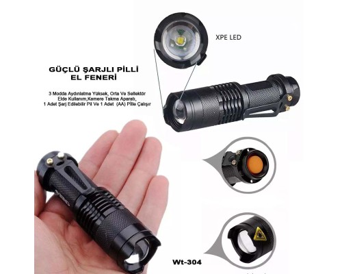 Mini Güçlü Şarjlı Pilli EL Feneri Watton Wt-304 Mini Güçlü Şarjlı Pilli EL Feneri Watton Wt-304