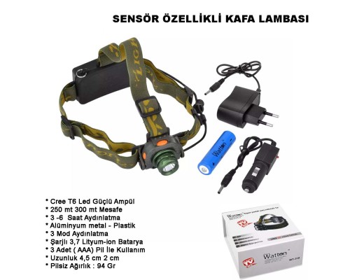 Sensörlü Şarjlı Kafa Lambası Watton Wt-318 Sensörlü Şarjlı Kafa Lambası Watton Wt-318