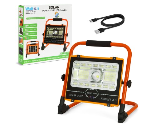 Watton WT-734 P70 LED Solar Panel Şarjlı Taşınabilir Projektör (176 SMD + Yan LED)